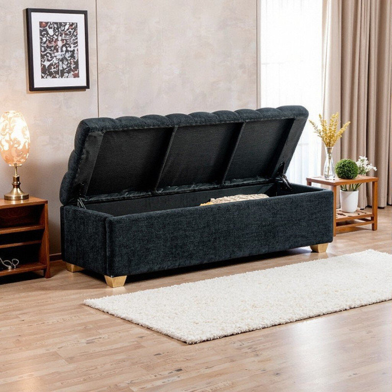 Banc de rangement en chenille, repose-pieds capitonné avec pieds en bois massif, Noir