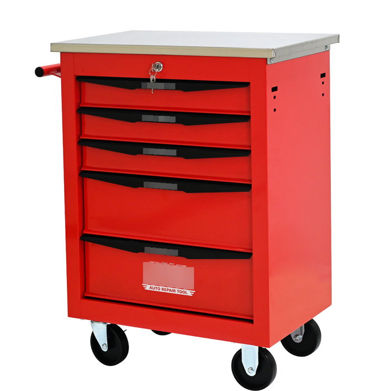 5 tiroirs, chariot à outils à roulettes en métal, roues, rouge et noir, verrouillable, poignée à tirer, frein, chariot d'atelier de garage à roulement, toit en acier inoxydable, glissière de capacité de charge universelle de 15 kg,