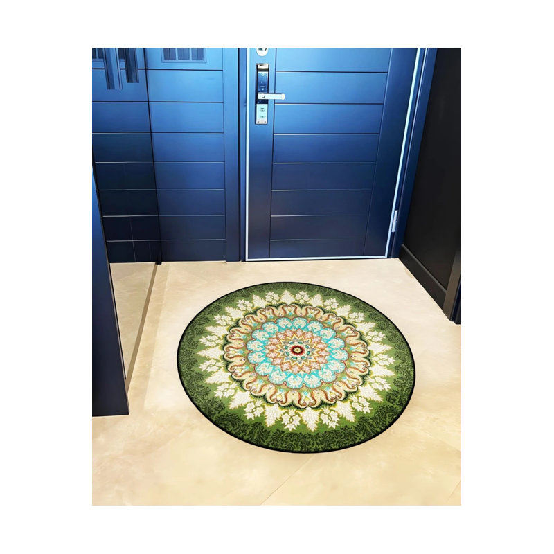 Green Beige Antique Pattern Detailed Woven Base Modern Decorative Carpet, Round 4'