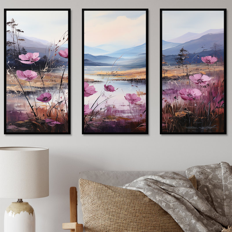 Fuschia fleurs au bord du lac - ensemble de décoration murale fleurs, H 28 po x l 36 po x P 1 po, Cadre flottant noir