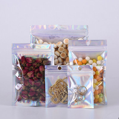 100Pcs/Set Zipper Pouch Resealable Anti-Moisture 3 Sizes Resealable Holographic Bags for Home