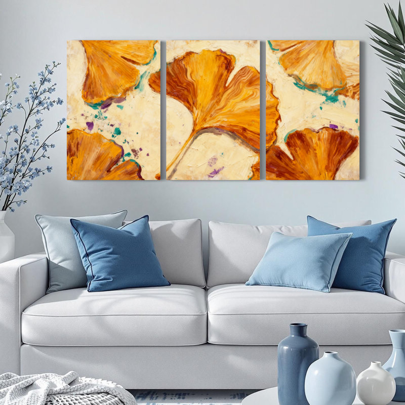 Tableau abstrait sur toile tendue, motif feuille de ginkgo, décoration automnale moderne (paquet de 3), H 30 po x l 60 po