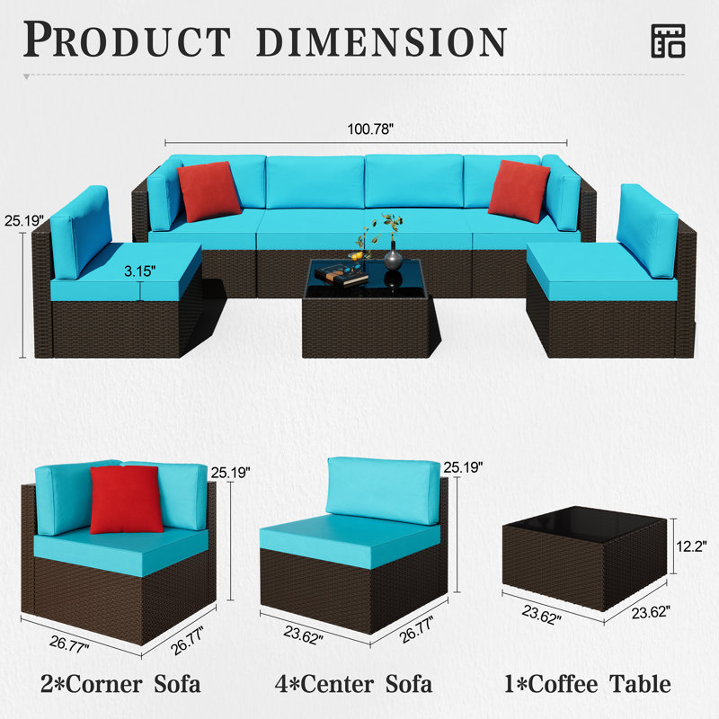 Ensemble de conversation modulaire en osier / rotin 7 pièces avec coussins Arleht, Bleu