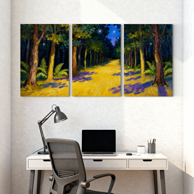 «Abstract Forest Path Under Starry Night Sky», ensemble de 3 reproductions d'art sur toile, H 18 po x l 36 po