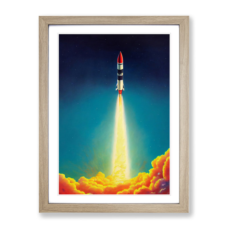 Mysterious Spaceship Rocket - Single Picture Frame Print, 64cm H x 46cm W, Oak