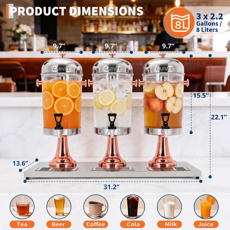 Distributeur de boissons en acier inoxydable 6,6 gallons avec noyau de glace