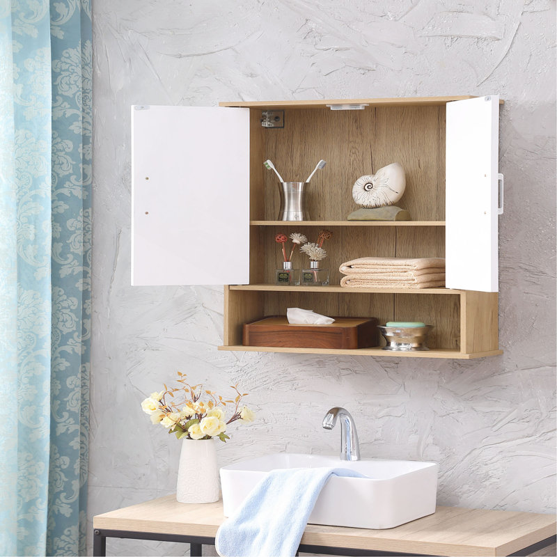 Bathroom Wall Cabinet With Double - Door, Bottom Shelf, Wavy - Patterned Doors, Adjustable Inner Shelf, Easy Installation