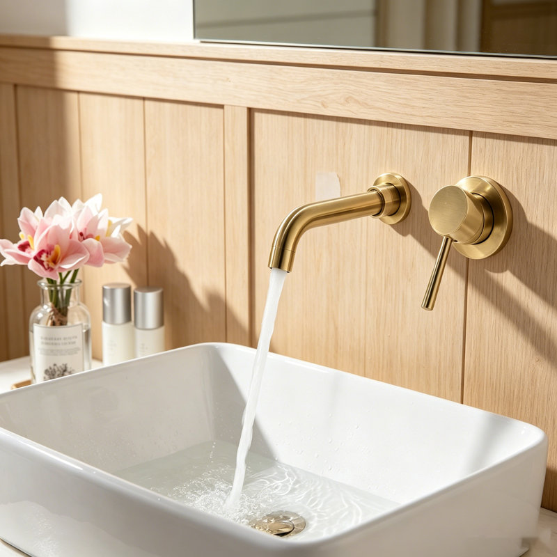 Wall Mounted Bathroom Sink Single Lever Handle Faucet With Pop-Up Drain (No Overflow), Brushed Gold