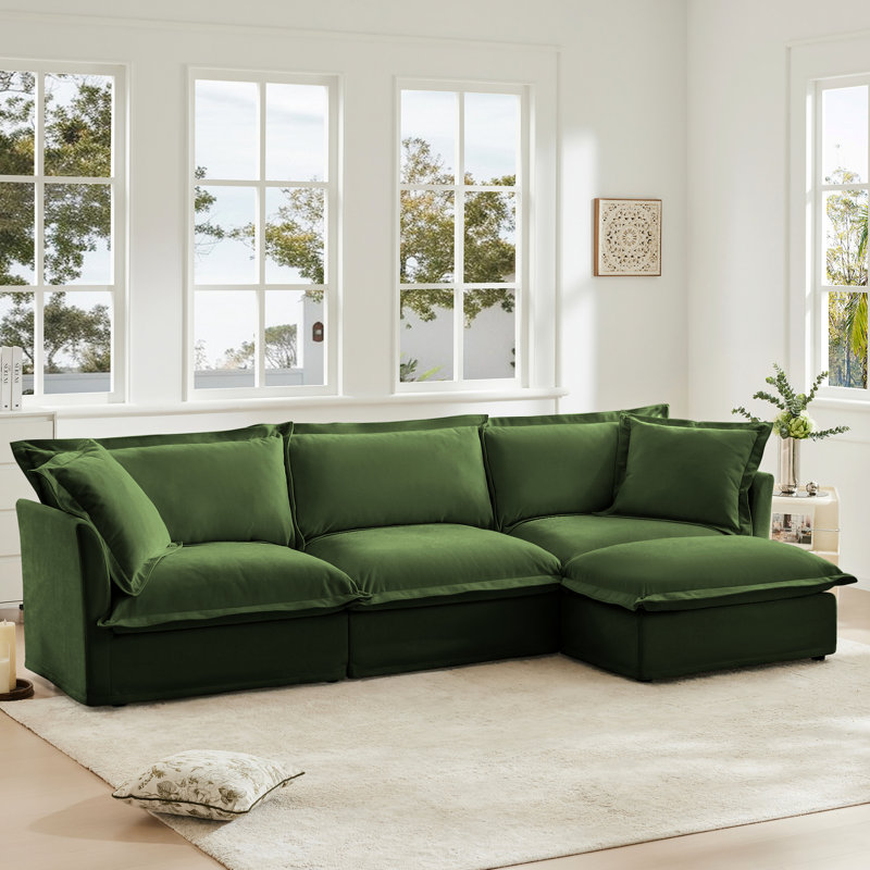 Canapé modulaire 3 places avec housse en chenille et siège profond pour le salon, Chenille verte