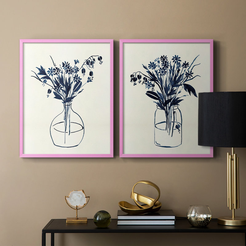 Vase floral indigo I - impression encadrée de qualité supérieure - prêt à être accroché - aucun clou requis - aucun clou requis
