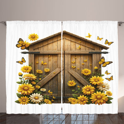 Ambesonne Curtains 2 Panel Set, Barn Cottage Summer Flowers Earth Yellow and Cocoa -  p_429822_108x108