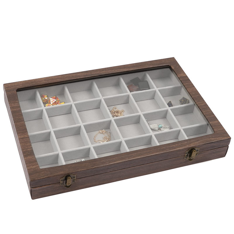 Jewellery Organizer Tray With Clear Lid 24 Grid Velvet Drawer Insert Jewellery Storage Box With Transparent Glass Lid Jewellery Display Case With Lock(Beige, 24 Grid)