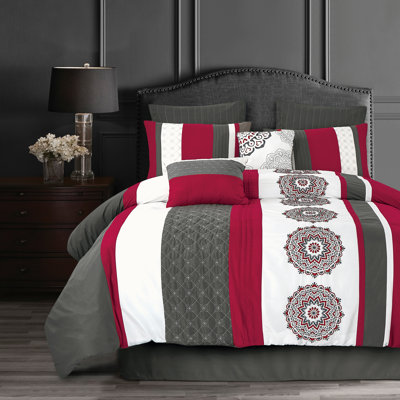 Ensemble de literie complet 8 pièces à rayures mandala rouge et gris anthracite, taille QUEEN