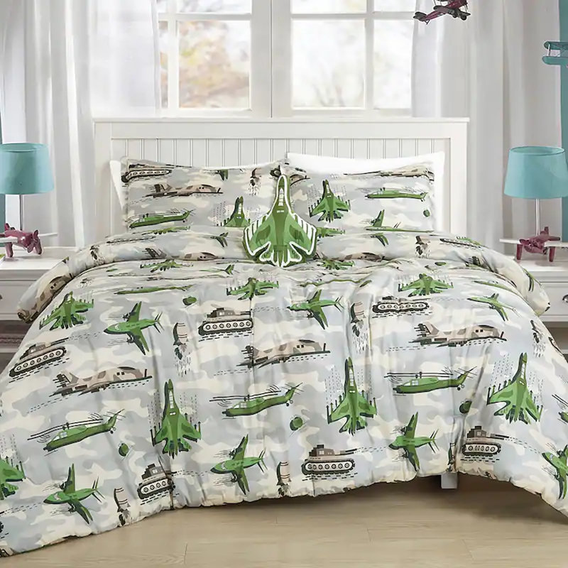 Ensemble de couvre-lit réversible blanc cassé et vert pour enfants Army, Grand lit