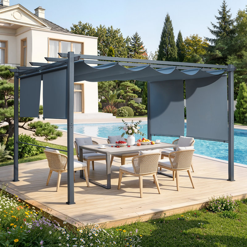 EROMMY 10x13 Ft Aluminum Pergola with Retractable Canopy, Heavy-Duty Metal Frame and Adjustable Sun Shade Canopy, Gray