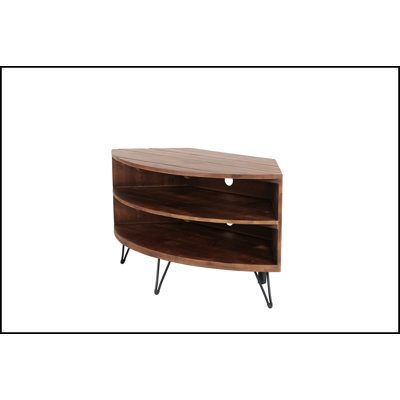 Fan Shape Reclaimed Wood Corner Media Table for Living Room Wise Use Your Space