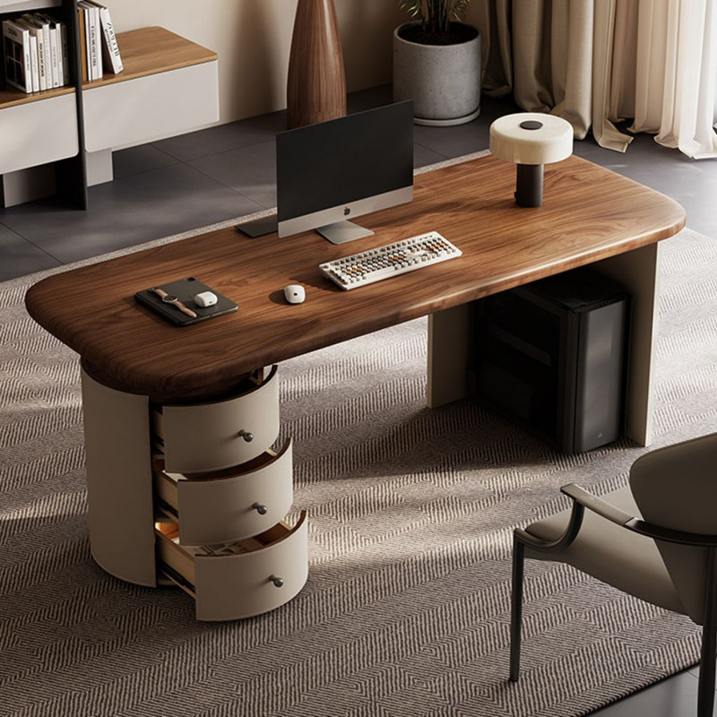 Bureau rectangulaire à 3 tiroirs en bois manufacturé brun noisette + beige, 29.53" H x 55.12" W x 27.56" D, Retour à gauche