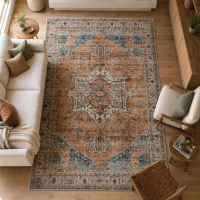 Collection traditionnelle GLN Rugs - tapis lavable à la machine, tapis traditionnel lavable, tapis lavable antidérapant, tapis de salon en chenille à poils courts, tapis de chambre à coucher, tapis de cuisine (tapis orange brûlé)