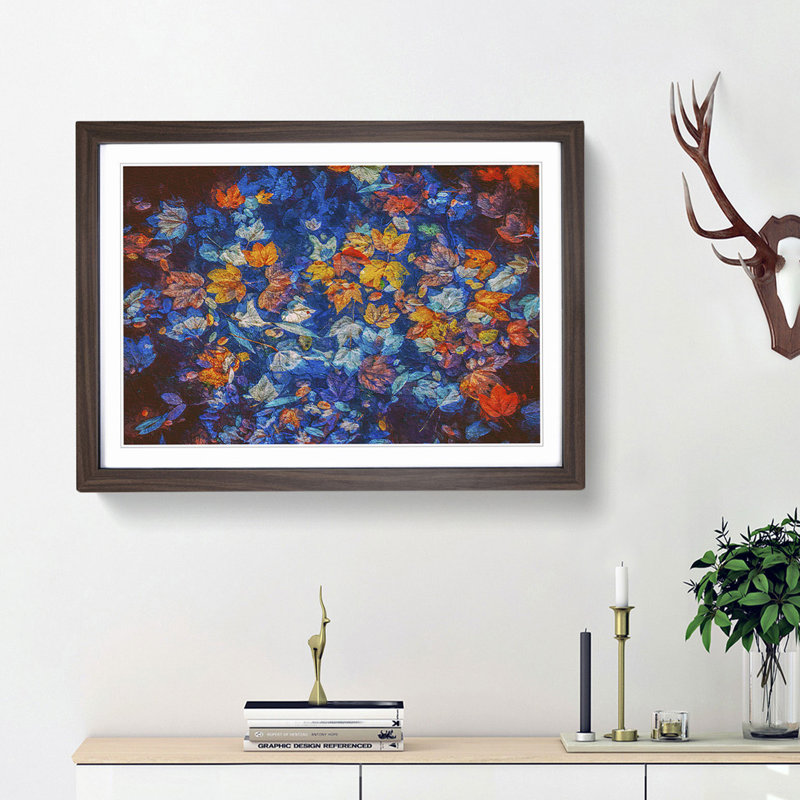 Multi Coloured Autumn Leaves in Abstract - Picture Frame Painting Print, 48cm H x 65cm W x 2cm D, Walnut Framed