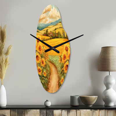 Rajendra Golden Cheerful Sunflowers II - Floral Curved Metal Wall Clock, Yellow Asymmetrical Wall Clock Print