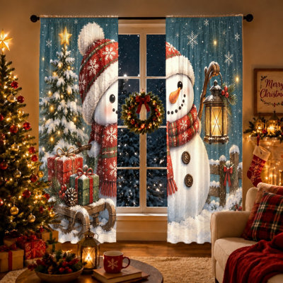 2Pcs Snowman Christmas Tree Gifts Pattern Light Filtering Window Curtains with Rod Pocket for Living Room Bedroom Kitchen Home Decor, Holiday Decoration, Festive Vibes