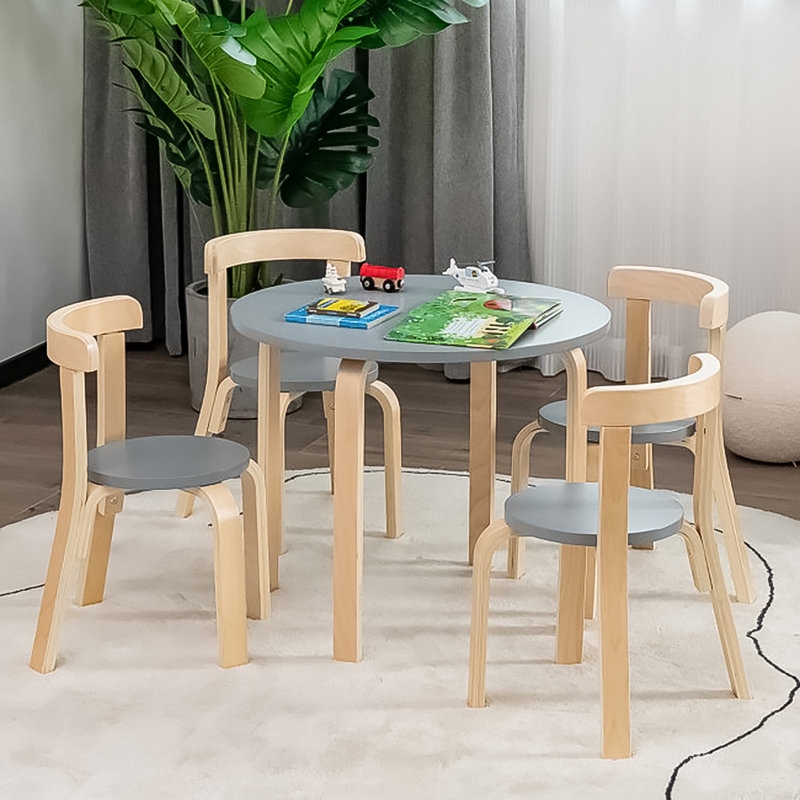 Usrey Kids 5 Piece Solid Wood Play Or Activity Table and Chair Set, Gray/Natural