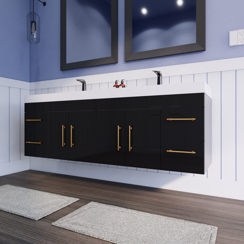 Meuble-lavabo double avec plateau en acrylique Amirea, Lustre noir