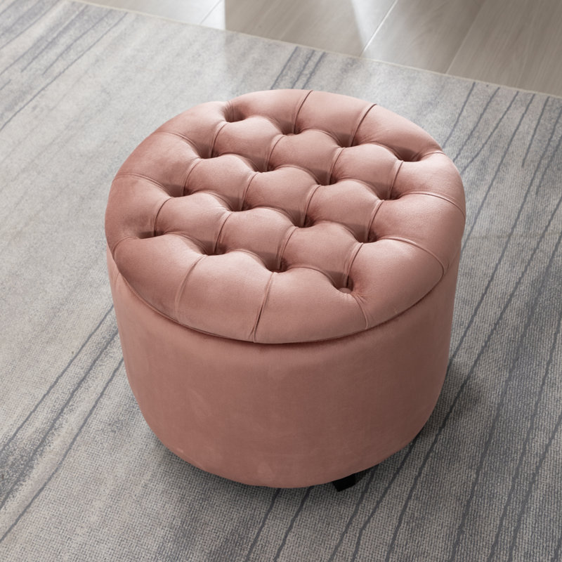 Repose-pieds rond avec rangement en velours Briana, Velours Rose Performance