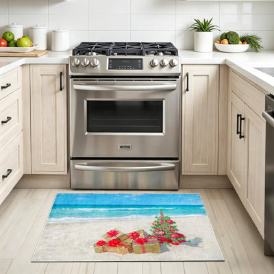 Red Machine Washable,Christmas Tree and Golden Gift with Indoor Area Rug