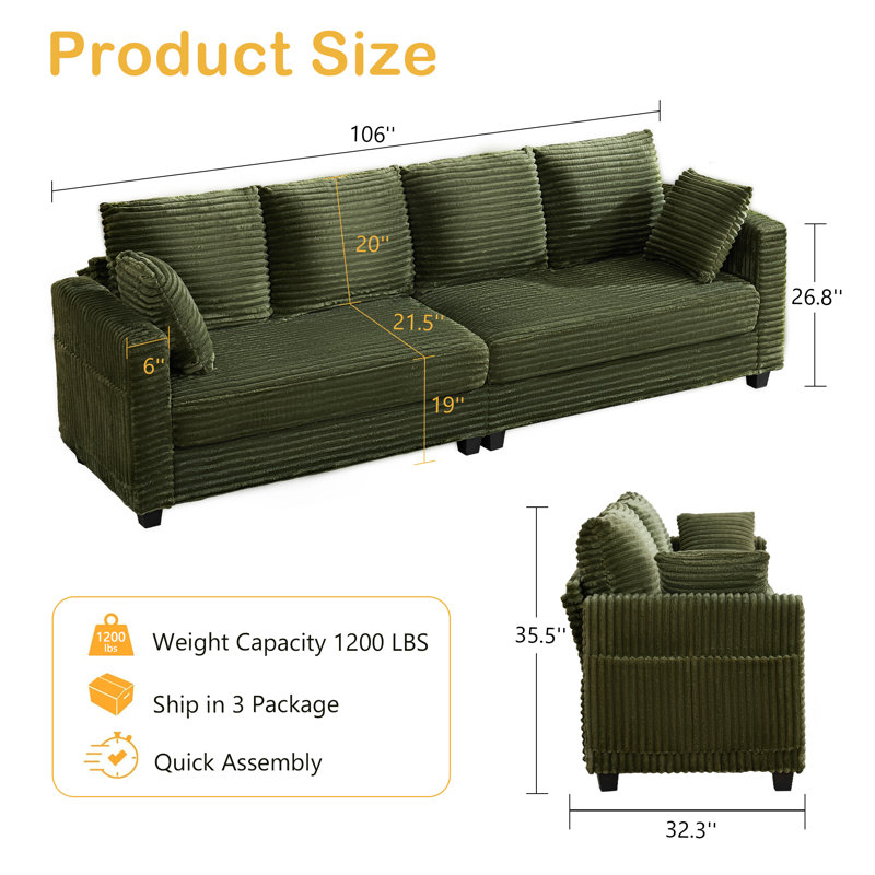 106" Corduroy Sofa Couches For Living Room, Modern Comfy 4 Seater Cloud Sofa With 8" Thick Soft Seat Cushion For Small Space, Bedroom, Apartment, Home Office (Green)