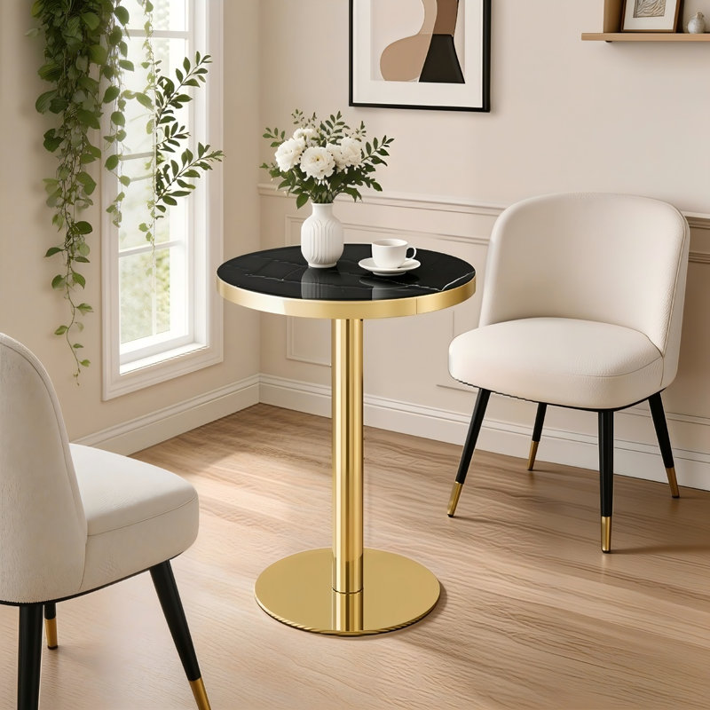 Table d'appoint ronde moderne 23,6 po, plateau en panneau de fibres à densité moyenne avec bordure en acier inoxydable doré et base piédestal
