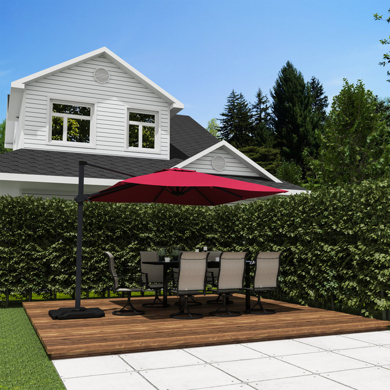 Parasol de patio rouge de 10 pi, feuille de couverture recouverte de PA 200G, poutre en alliage d'aluminium avec couche de protection solaire Uv50 + 8 éléments en acier, zone de couverture du secteur de l'abat-jour 10X10, fonction de rotation de 360