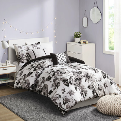 Literie fleurie noire et blanche pour lit simple XL - Douce et lavable à la machine