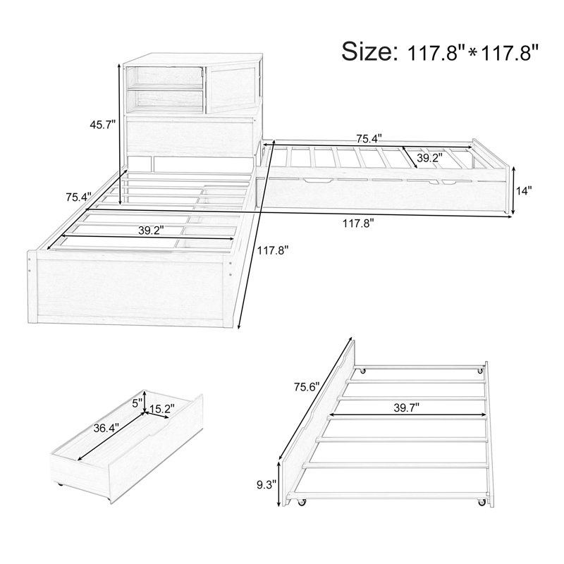Lit pour enfant en L 3 en 1 avec rangement DEL et éclairage Lunthar, Naturel