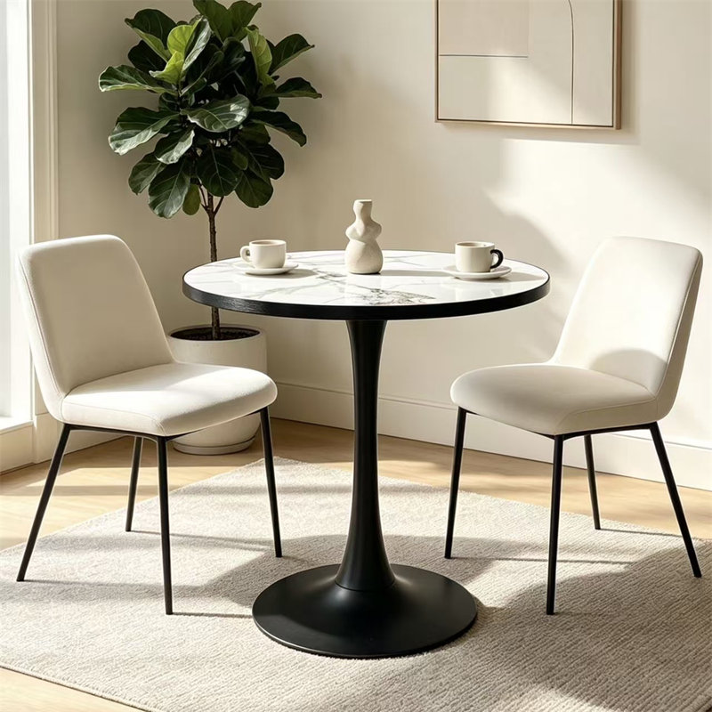 Table de salle à manger ronde de 76 cm (30 po) en pierre frittée avec pied central, table de cuisine moderne pour petits espaces (2 à 4 personnes).