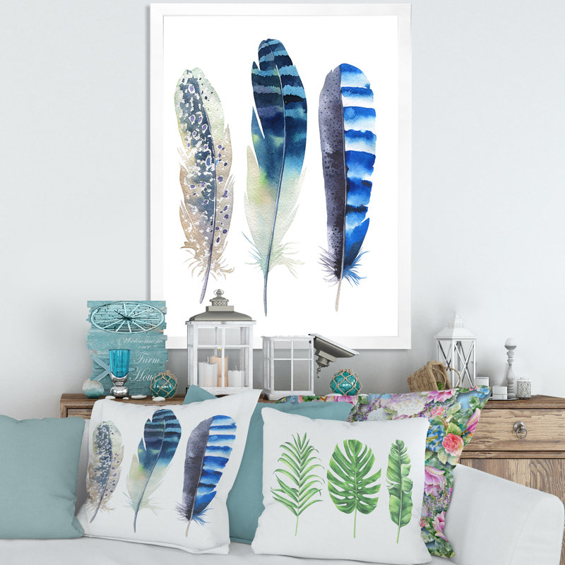 Boho Feathers I - reproduction d'art sur toile, H 32 po x l 16 po x P 1 po, Cadre blanc