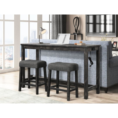 Table de salle à manger 3 pièces pour comptoir - table en bois massif avec prise électrique, 2 ports, tabourets, noir anthracite, design rustique et transitionnel, table de 60 pouces, sièges 2, sièges rectangulaires, style, look,