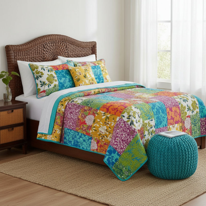 Traditional Cotton Patchwork Quilt, Full, Purple/Green/Blue