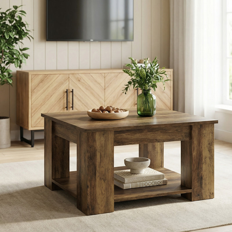 Table basse 31,49 "carrée avec tablette de rangement, centre de table rustique en bois