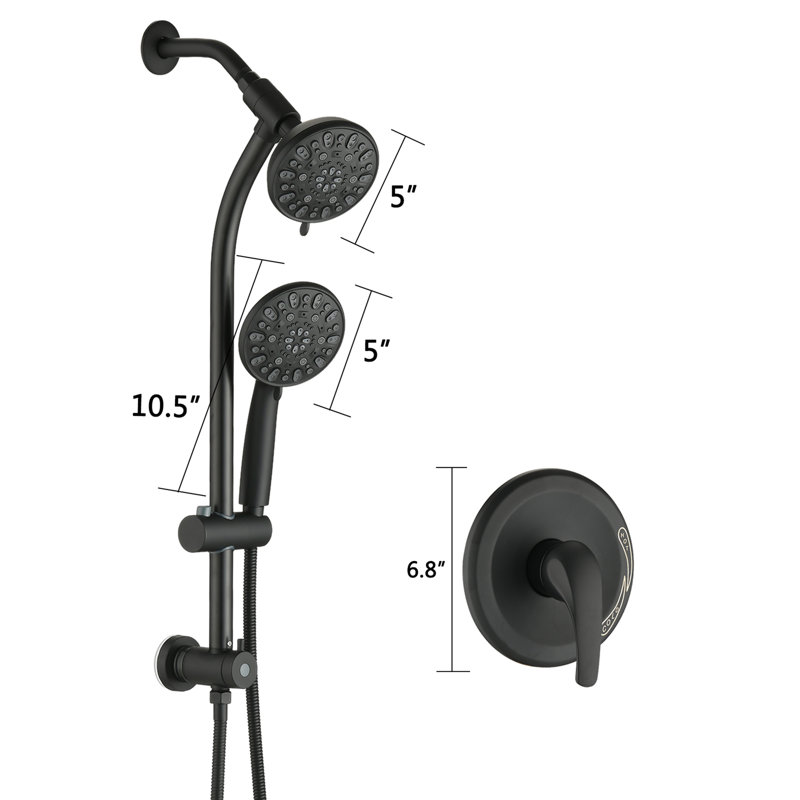 7-Setting Drill-Free Stainless Steel Slide Bar Combo - Dual Shower Head Spa System (Rough-in Valve), Matte Black