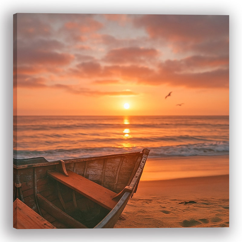 «Golden Voyage - Sunset Boat on Shore», art mural sur toile, H 20 po x l 20 po