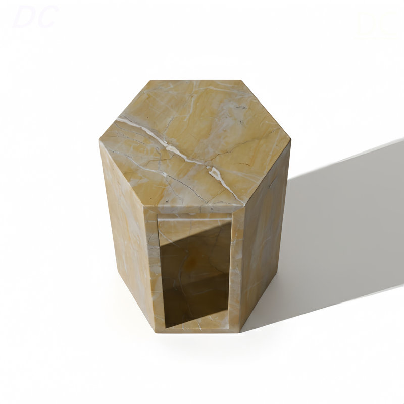 Table d'appoint luxueuse en marbre naturel doré de luxe espagnol, table de bout hexagonale de 16 cm de long avec finition polie, socle en pierre géométrique moderne et table de chevet pour le salon (jaune / or, 40 cm x 32 cm), table