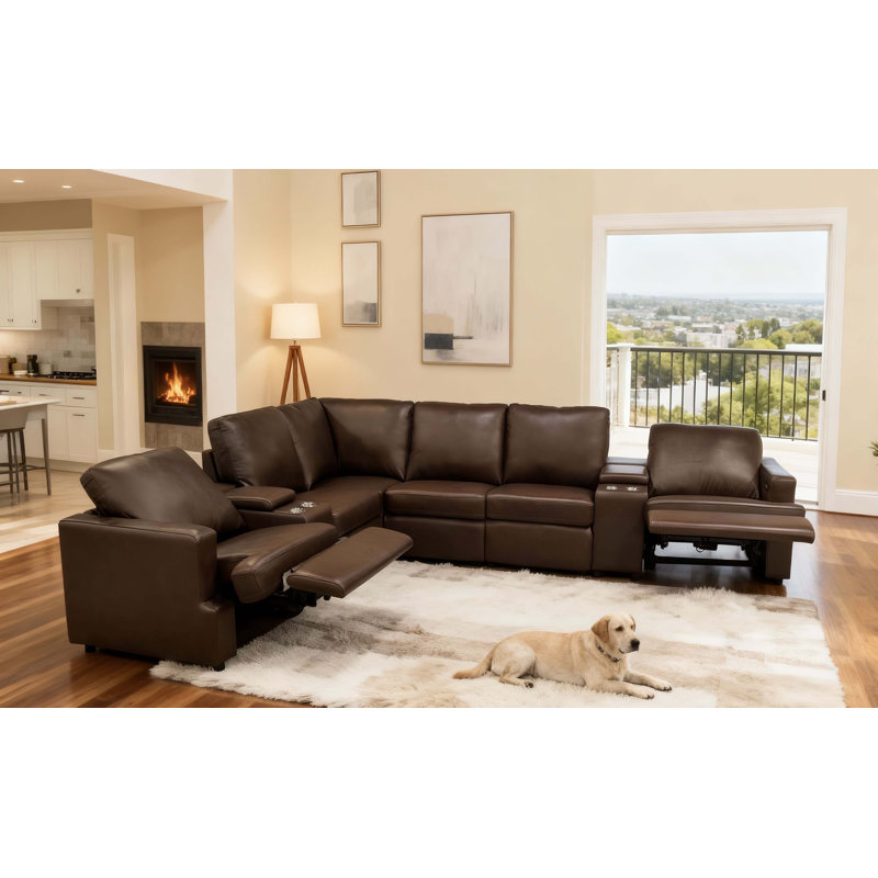 Nangonpraiton Leather Match Power Recline Sectional, Dark Brown Leather Match