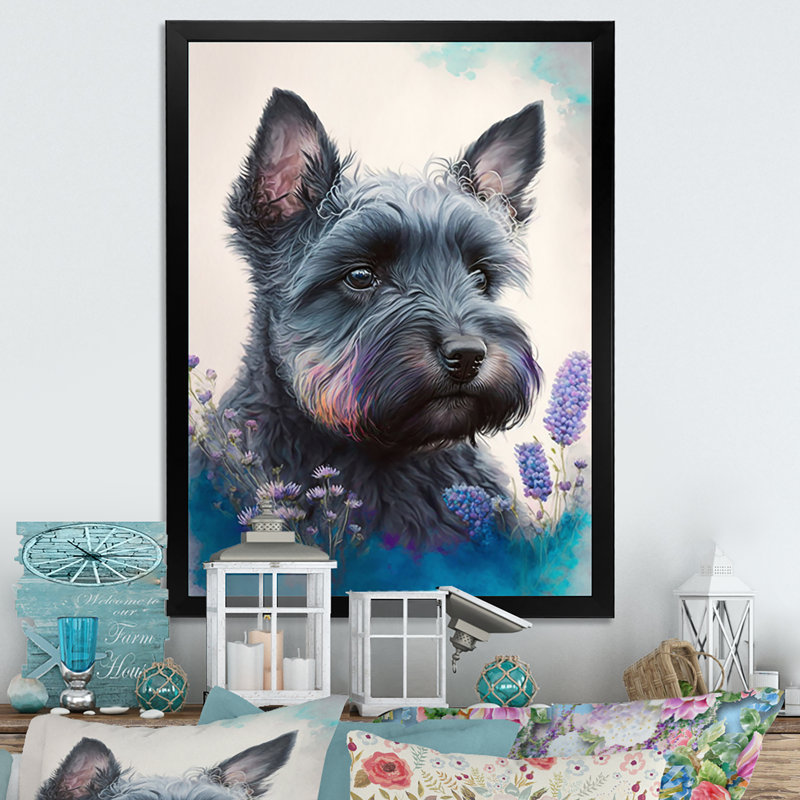 «Cute Schnauzer Floral», impression sur toile, Cadre photo noir, H 40 po x l 30 po x P 1,5 po