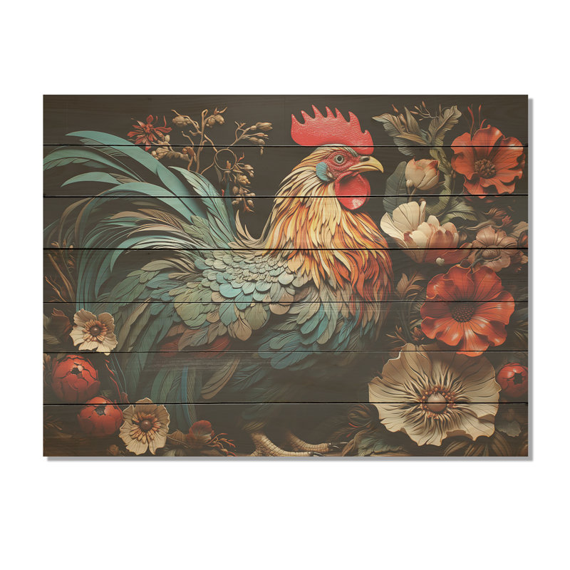 Modern Rooster Collage I - Poulet sur bois, H 30 po x l 40 po x P 0,78 po