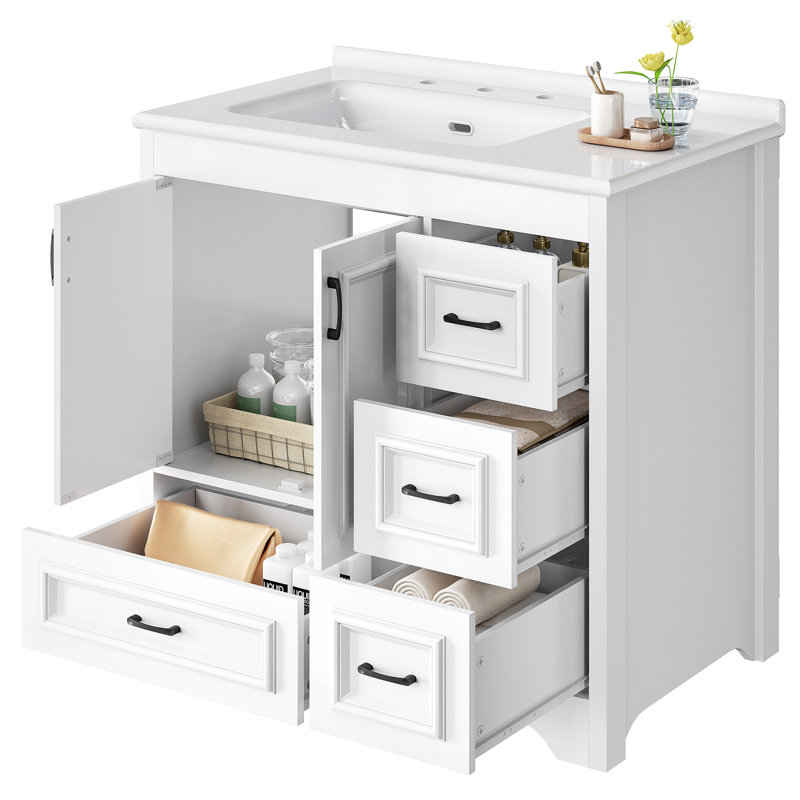 Modern Single Bathroom Vanity with Ceramic Top, Drawers and Cabinet