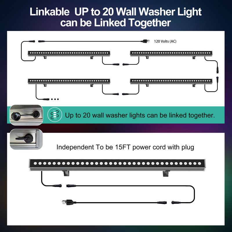 Linkable RGBCW LED Wall Washer Light, IP65 Waterproof Color Changing Light Bar for Outdoor Wall Wash, 180W Dimmable Uplight with APP & RF Remote Control, Music Sync, Timer