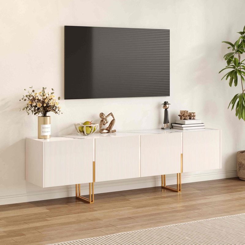 Eddyson 78.7'' Modern TV Stand with Storage Cabinet, Entertainment Center with Stainless Steel Legs, Beige/Cream/Gold