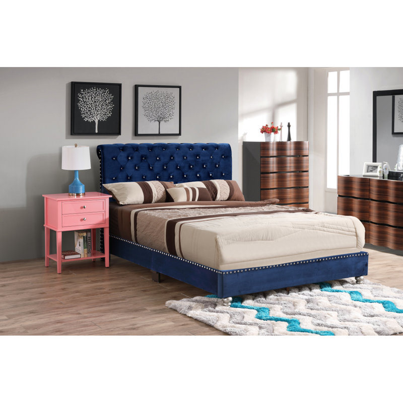 Lit double tapissier bleu marine Transitional