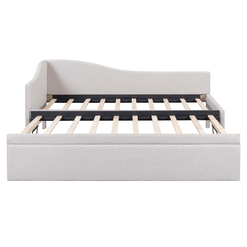 Twin Size Upholstered L-Shaped Upholstered Daybed With Pop Up Trundle, Beige